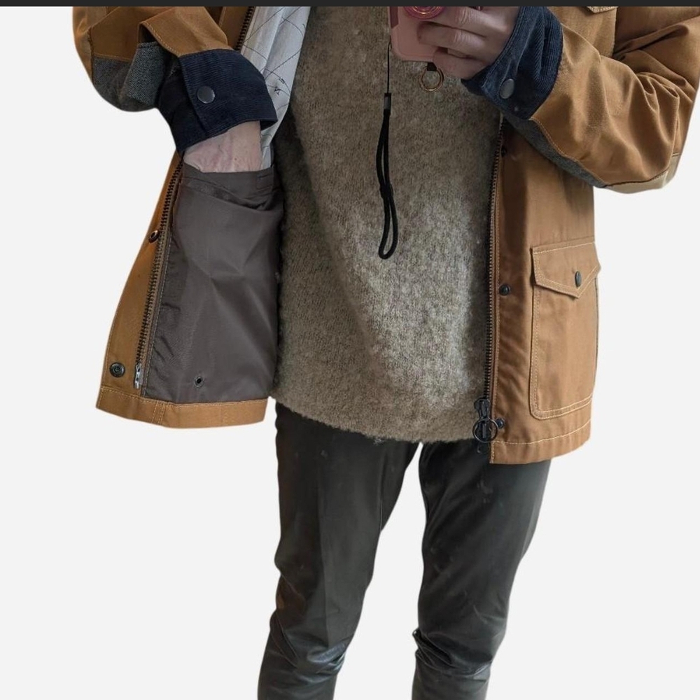 PAIGE Brown Tan Chore Coat Field Jacket with Navy Collar & Elbow Patches - Picture 7 of 8